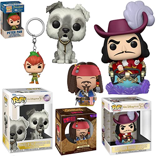 Anniversary Disney Attractions Theme Park Rides Figures Bundled with Hook Deluxe Flight + Disneyland Peter Hanger + Pirate's Caribbean Jack Sparrow Character + Key Dog Walt World 50th 4 Items