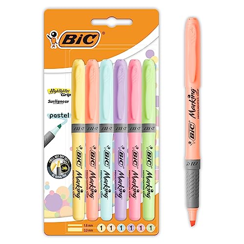 BIC Highlighter Grip Pastel Marcadores de Punta Biselada Regulable - Colores surtidos, Pack de 6 subrayadores pastel, Óptimo para Material Escolar y de Oficina