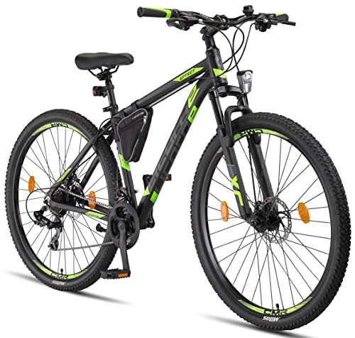 Licorne Bike Effect Premium - Bicicleta de montaña de 29 Pulgadas - para niños, niñas, Hombres Mujeres - Cambio de 21 velocidades - para Hombre - Negro/Lime (2 Frenos de Disco)