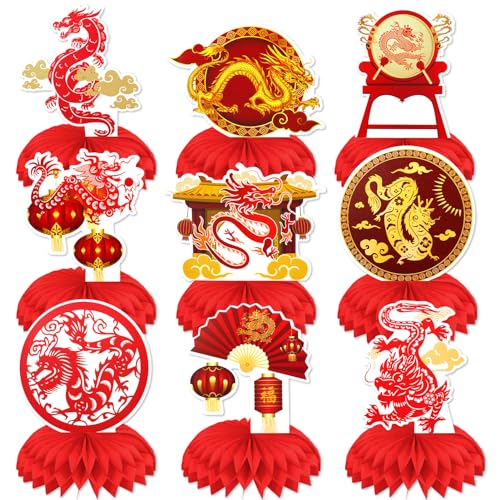 DPKOW Decoración del Año Nuevo Chino 2024 Feliz Año Nuevo Centros Mesa Panal Año del Dragón Rojo y Oro Centros Mesa del Año Nuevo Lunar para la Decoración del Año del Dragón,9 Piezas