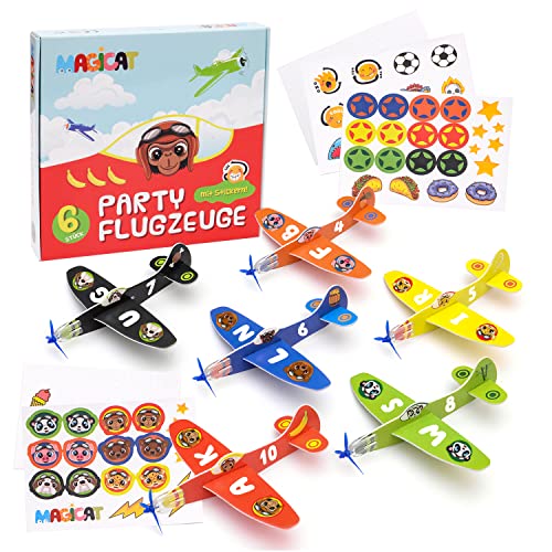 Magicat Avión Planeador de Espuma Premium con Pegatinas I Set de 6 Aviones de Juguete para niños y niñas I Infantiles para Jugar al Aire Libre I DIY Glider Planes Kids