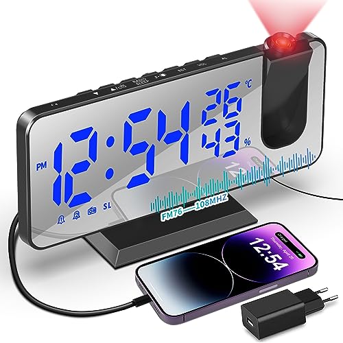 Despertador de Proyección 7.5 Pulgadas Digital 180° Rotativo, con Función de Radio FM Humedad Temperatura Interior con Puerto de Carga USB 2 Relojes Despertadores 4 Niveles de Brillo
