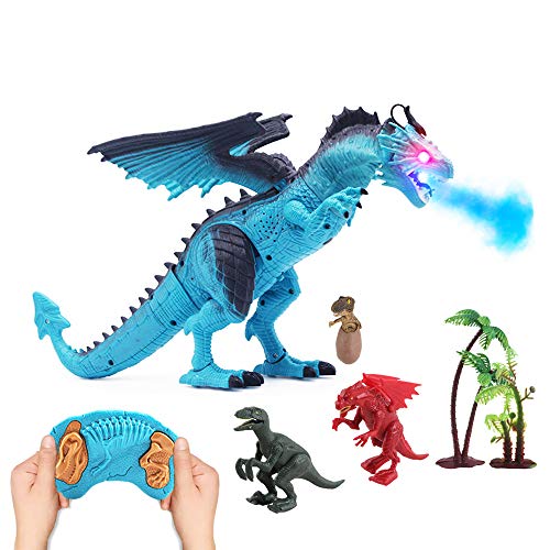 deAO RC Dragón Inteligente Robot Teledirigido con Luces, Sonidos y Efecto de Humo Juguete Electrónico Multifuncional Incluye 3 Figuras de Dinosaurios Mini Adicionales (Azul)