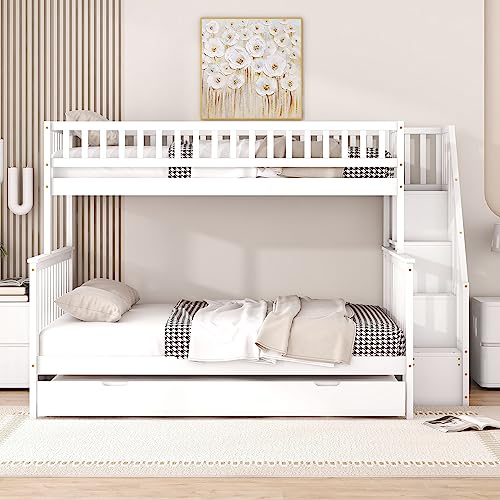 Moimhear 90 x 200 cm sobre 140 x 200 litera infantil con cama plegable y escalera, color blanco (WX000306-M)