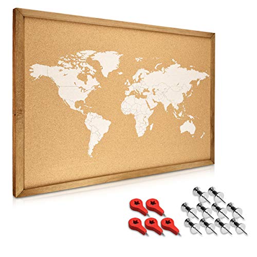 Navaris tablero para notas de corcho - Tablero con marco de madera de 70 x 50 CM - Planificador mapamundi con 15 chinchetas y set de montaje