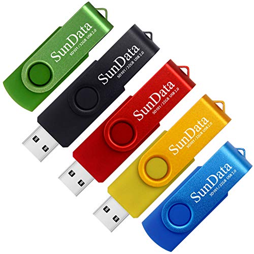 SunData 32GB Memorias USB 5 Piezas PenDrives 32GB Unidad Flash USB2.0 Giratoria Pen Drive con Luz LED (5 Colores: Negro Azul Verde Rojo Oro)