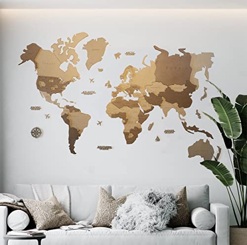 MISS MAPS Mapa mundi de madera 3D para pared. Mapa para marcar viajes y decoración para viajeros (150x90cm, 3D Bicolor)