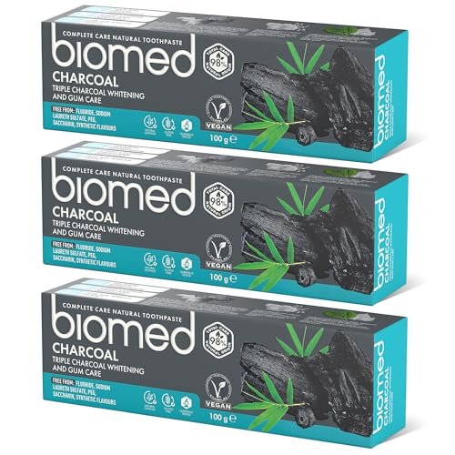Pasta de dientes blanqueadora 98% natural Biomed Triple Charcoal | Cuidado de encías, carbón de bambú | Apto para veganos, sin SLES 100 g (Pack de 3)