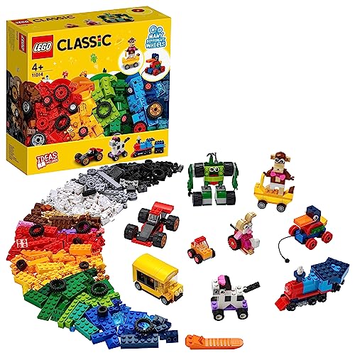 LEGO 11014 Classic Ladrillos y Ruedas, Juego de Construcción para Niños y Niñas de 4 Años o Más, Animales, Vehículos, Coche y Tren de Juguete