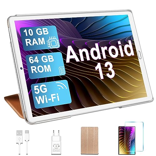 YESTEL Tablet 10 Pulgadas Android 13 con 5G WiFi, 10GB RAM 64 GB ROM (TF 1 TB), Octa-Core, 2.0 GHz, Camara 5MP+8MP, Bluetooth 5.0, GPS, 6000mAh, Cuerpo de Metal, HD Tablet con Funda, Oro