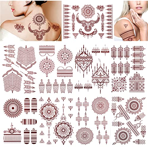 DPKOW Marrón Rojo Tatuajes Temporales para Mujeres Niñas, 9 Hojas Falso Tatuajes Mandala Flor Tatuaje Adhesivos para Mano Brazo Arte Corporal, Impermeable Encaje Indio Tatoos Temporales para Boda Eid