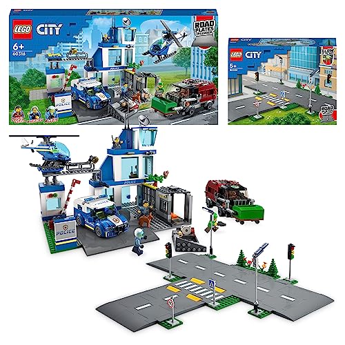 LEGO City Set: 60316 Comisaría de Policía y 60304 Bases de Carretera, con Camión de Basura, Helicóptero de Juguete y Semáforos, Ladrillos Que Brillan en la Oscuridad, Regalo para Niños y Niñas
