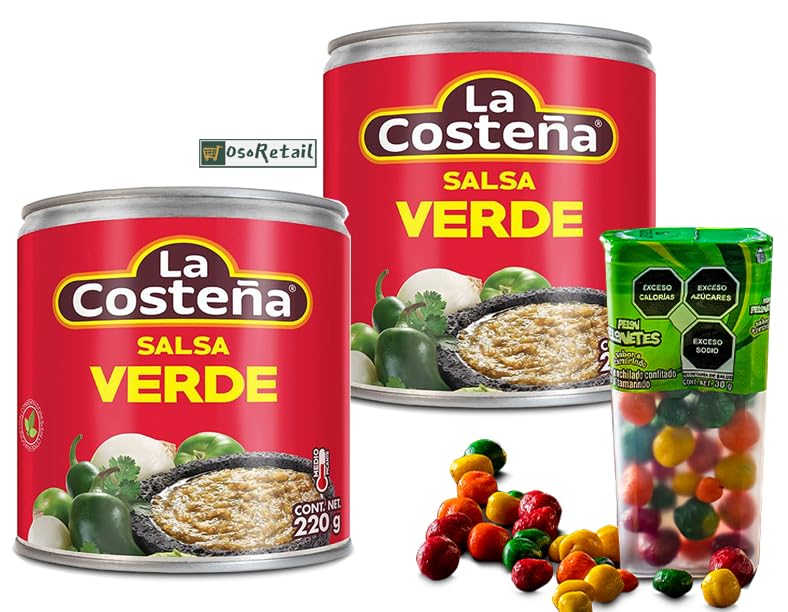 OsoRetail 2x 220 gr latas de Salsa Verde de La Costeña con regalo de chuche Pelonetes Tamarindo de México
