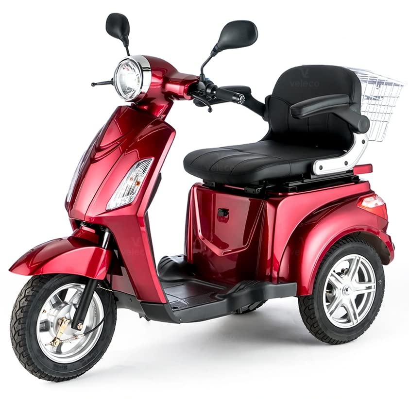 VELECO ZT15 - Scooter de movilidad de 3 ruedas - Totalmente ensamblado y listo para usar - Freno electromagnético automático - Velocímetro LED (ROJO)