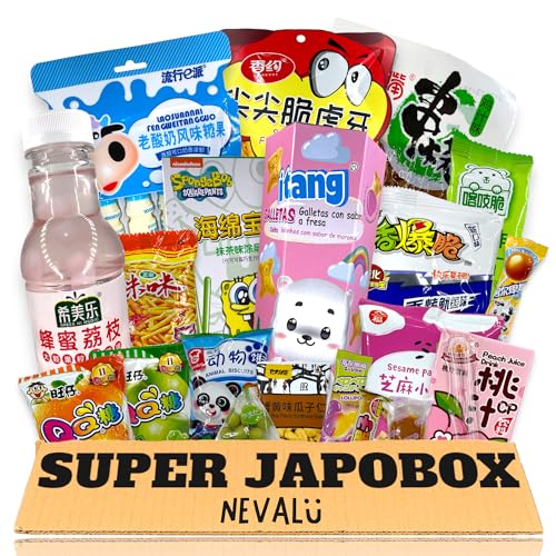 Super Japo Box NEVALÜ. Caja de Productos Asiaticos. Snacks, Golosinas, Bebidas y Galletas. Delicias Asiaticas.