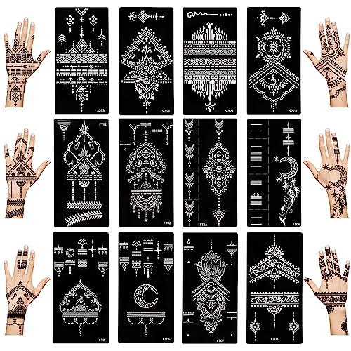 Kunoli Kit de 12 hojas de plantillas de tatuaje de henna, plantilla temporal de tatuaje de aerógrafo para mujeres y niñas, pintura facial y corporal