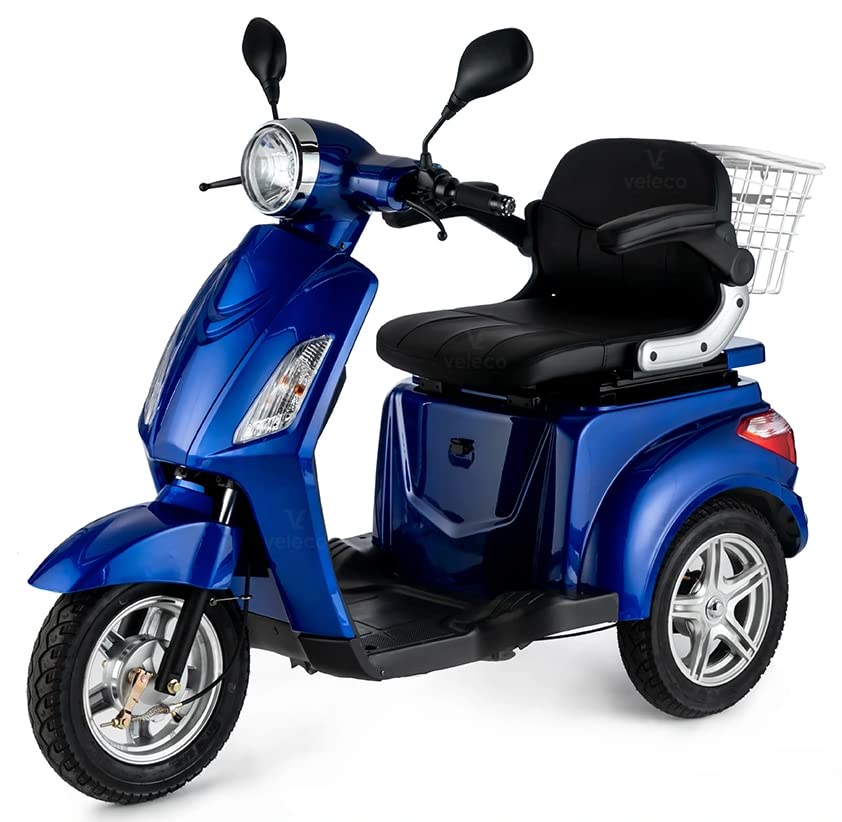 VELECO ZT15 - Scooter de movilidad de 3 ruedas - Totalmente ensamblado y listo para usar - Freno electromagnético automático - Velocímetro LED (AZUL)