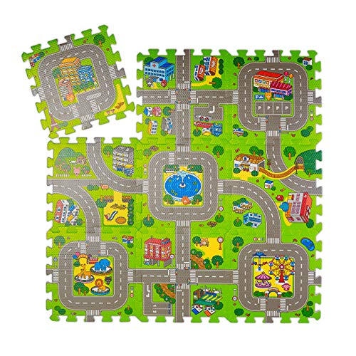 Relaxdays Alfombra Puzzle Ciudad, Colchoneta Juego 9 Piezas, Niños y Bebés, Goma EVA, sin Tóxicos, 90x90 cm, Multicolor