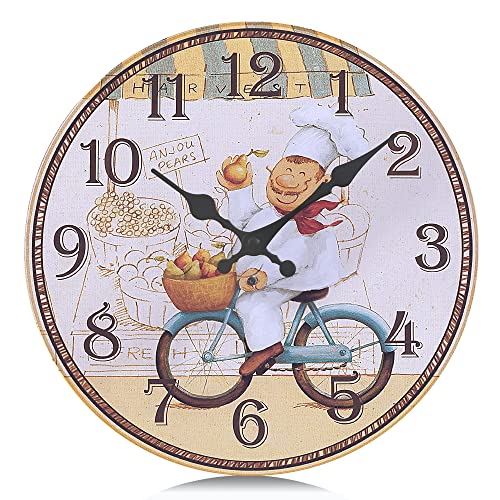 Lafocuse Reloj de Pared Cocina Madera, Silencioso Reloj Amarillo Rustico Vintage Retro Decorativo Cocinero para Restaurante Comedor Sala 30cm