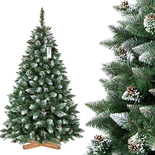 FairyTrees Árbol de Navidad Artificial, Pino Verde Natural Cubierto de Nieve, PVC, con piñas Naturales, Soporte de Madera, 180cm, FT04-180