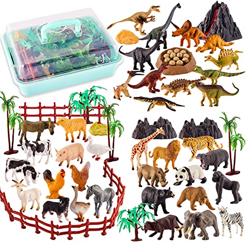 TOEY PLAY 3 en 1 Mini Animales de Juguete, 56 Piezas Figuras Animales Granja Salvajes Dinosaurios Juguetes, Educativo Regalo Niños Niñas 3 4 5 6 Años