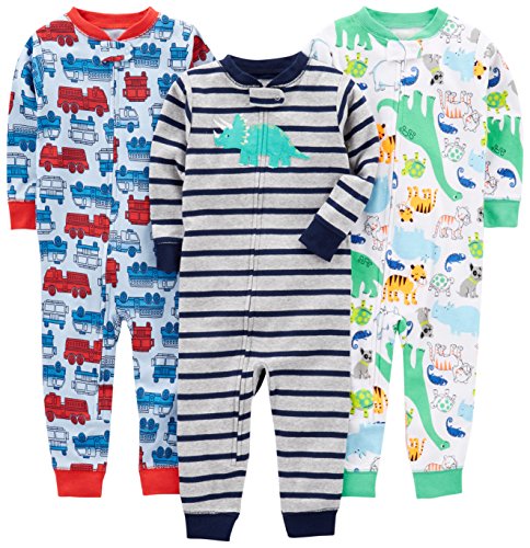 Simple Joys by Carter's 3-Pack Snug Fit Footless Cotton Pajamas Infant-and-Toddler Sets, Azul Camión de Bomberos/Blanco Dinosaurio/Gris Rayas, 18 Meses (Pack de 3) para Bebés