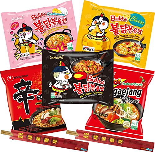 Lote 5 Ramen Coreano y 2 Palillos WikiMark. Incluye Samyang Noodles Carbonara, Ottogi Jin Spicy, Samyang Hot Chicken, Samyang Hot Taste of Korea, Nongshim Shin Ramyun Noodle Soup.